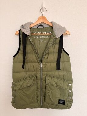 Calvin Klein Olive Green Quilted Puffer Vest with Gray Hood